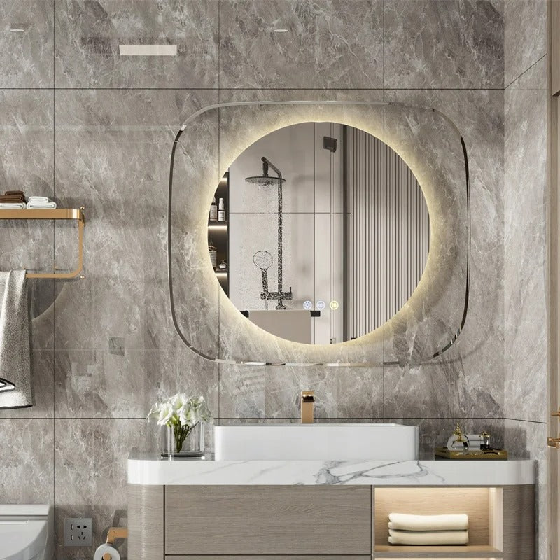 Modern LED Bathroom Mirror with 3-Color Dimmable Backlit and Anti-Fog Feature, 80*70cm