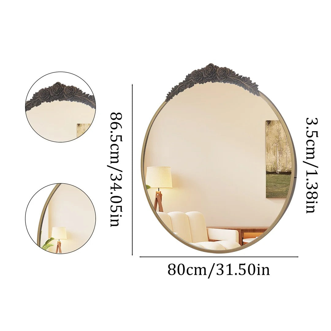 Baroque Round Bathroom Mirror – Brass Finish Metal Frame with Resin Rose Pattern for Living Room & Bathroom Décor
