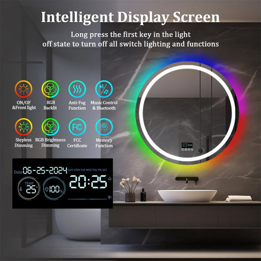 Round Glitzy RGB, Smart LED mirror With Bluetooth Speakers, Double Light LED Bathroom Mirror, Anti-Fog