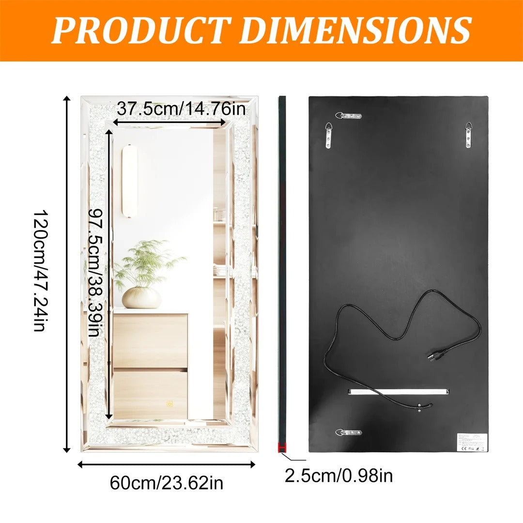 Full-Length Wall Mirror with RGB LED Lights – Decorative Rectangle Large 120x60cm Vanity Mirror for Bathroom, Living Room & Cloakroom