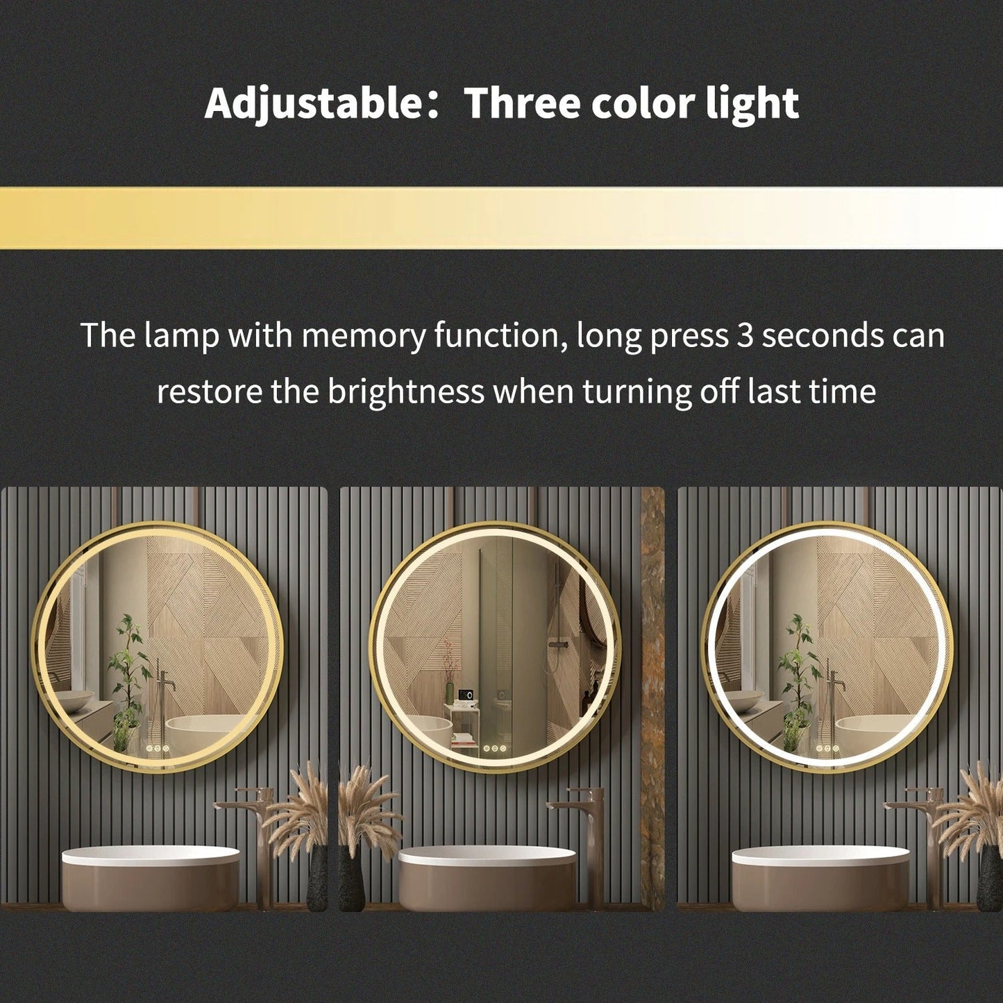 Detachable Rope Golden Frame Round Front Light LED Smart Bathroom Illumination Mirror, Wall Mounted, Anti-Fog