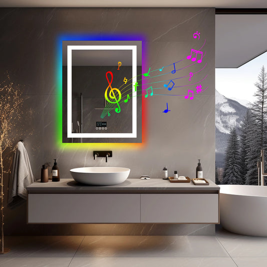 Smart Rectangle Glitzy RGB LED Bathroom Mirror With Bluetooth Speakers, Double Light LED Bathroom Mirror Anti-Fog