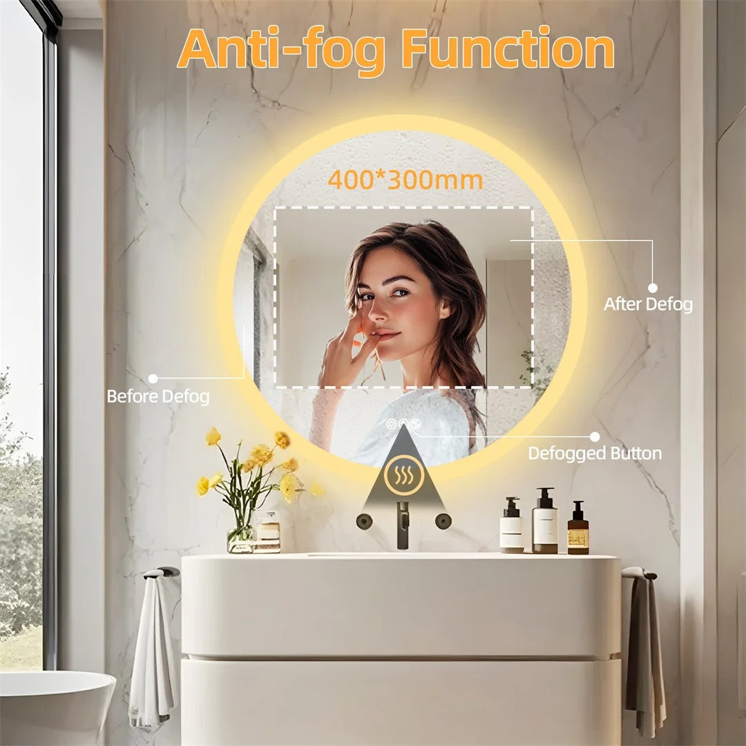 80cm Round LED Bathroom Mirror with Bluetooth Speakers – Wall-Mounted Lighted Vanity Mirror with Anti-Fog Function