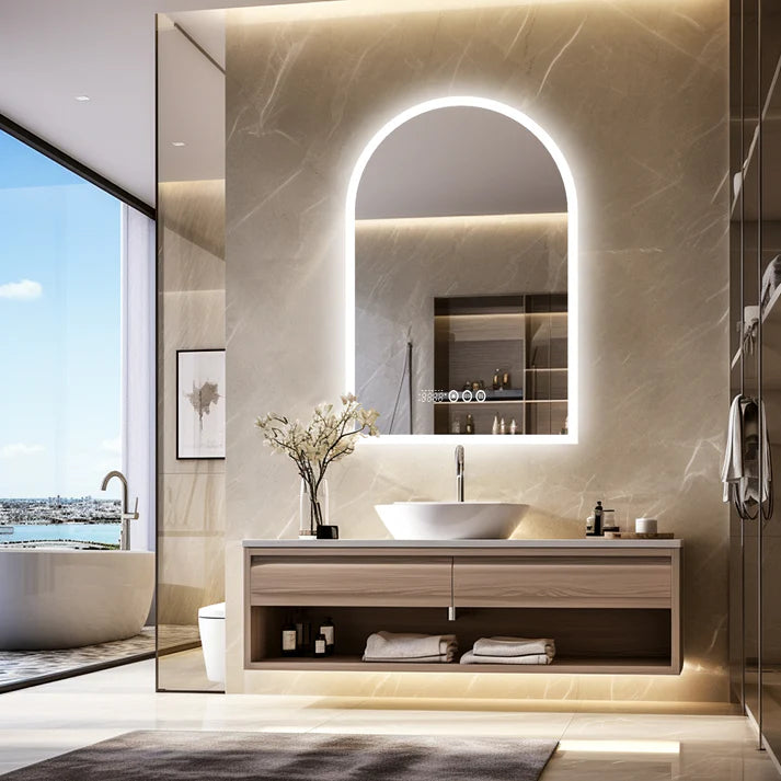 Arched Backlit Bathroom Mirror – Anti-Fog LED Mirror with Time, Date & Temperature Display and 3-Colour Lighting