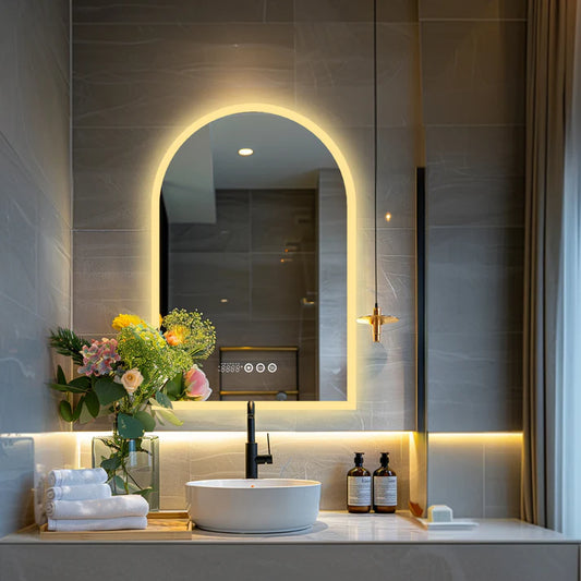 Arched Backlit Bathroom Mirror – Anti-Fog LED Mirror with Time, Date & Temperature Display and 3-Colour Lighting