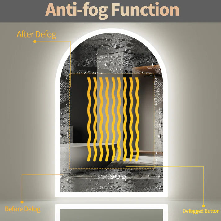 Arched Backlit Bathroom Mirror – Anti-Fog LED Mirror with Time, Date & Temperature Display and 3-Colour Lighting