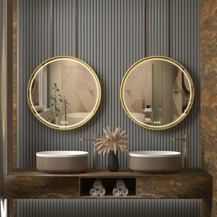 Detachable Rope Golden Frame Round Front Light LED Smart Bathroom Illumination Mirror, Wall Mounted, Anti-Fog