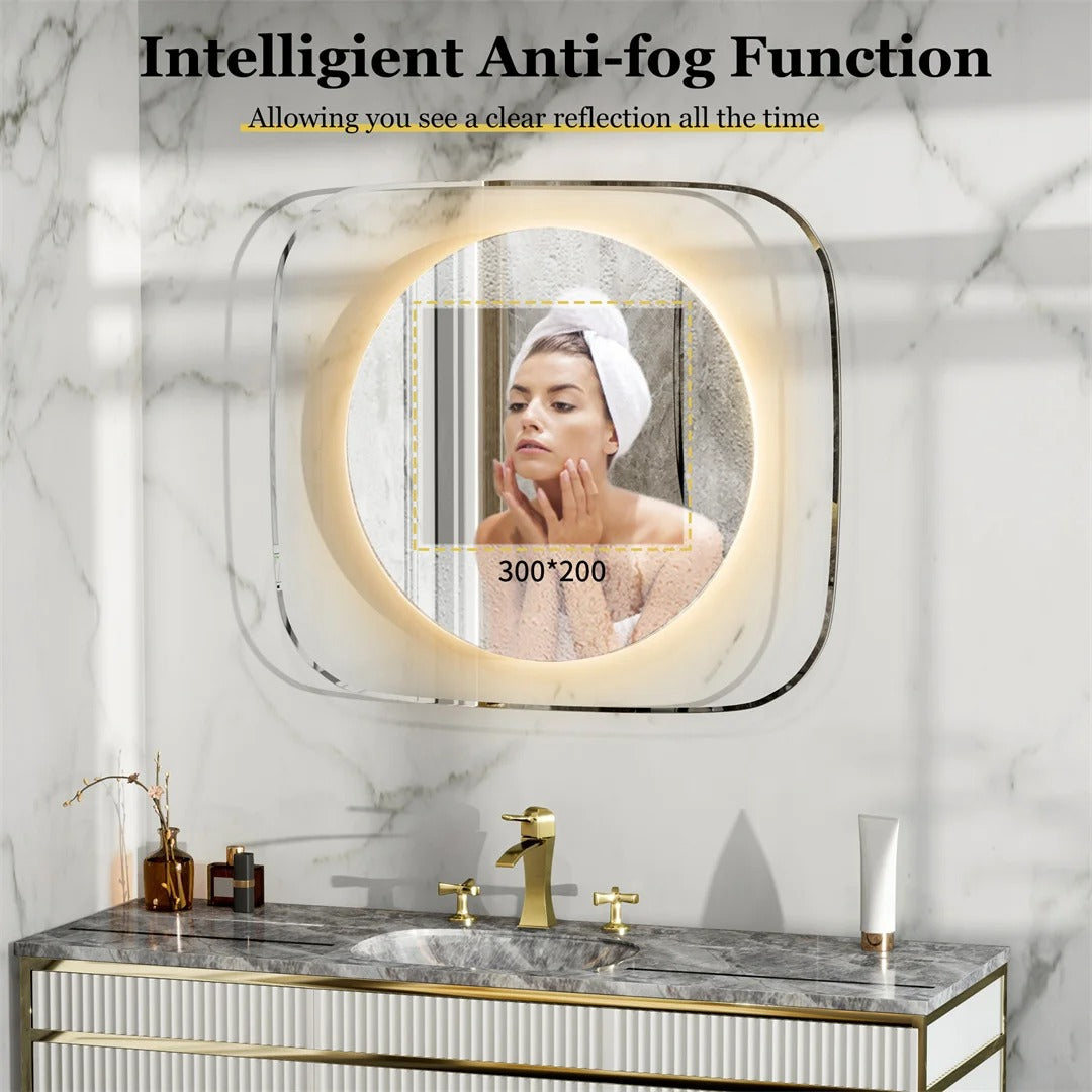 Modern LED Bathroom Mirror with 3-Color Dimmable Backlit and Anti-Fog Feature, 80*70cm