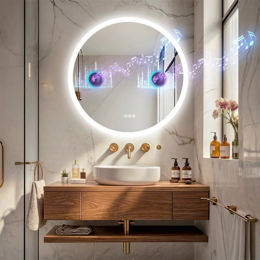80cm Round LED Bathroom Mirror with Bluetooth Speakers – Wall-Mounted Lighted Vanity Mirror with Anti-Fog Function