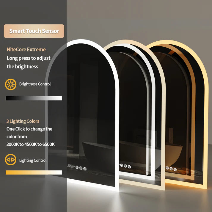 Arched Backlit Bathroom Mirror – Anti-Fog LED Mirror with Time, Date & Temperature Display and 3-Colour Lighting