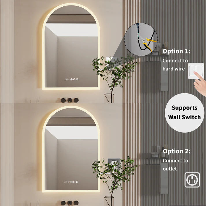 Arched Backlit Bathroom Mirror – Anti-Fog LED Mirror with Time, Date & Temperature Display and 3-Colour Lighting