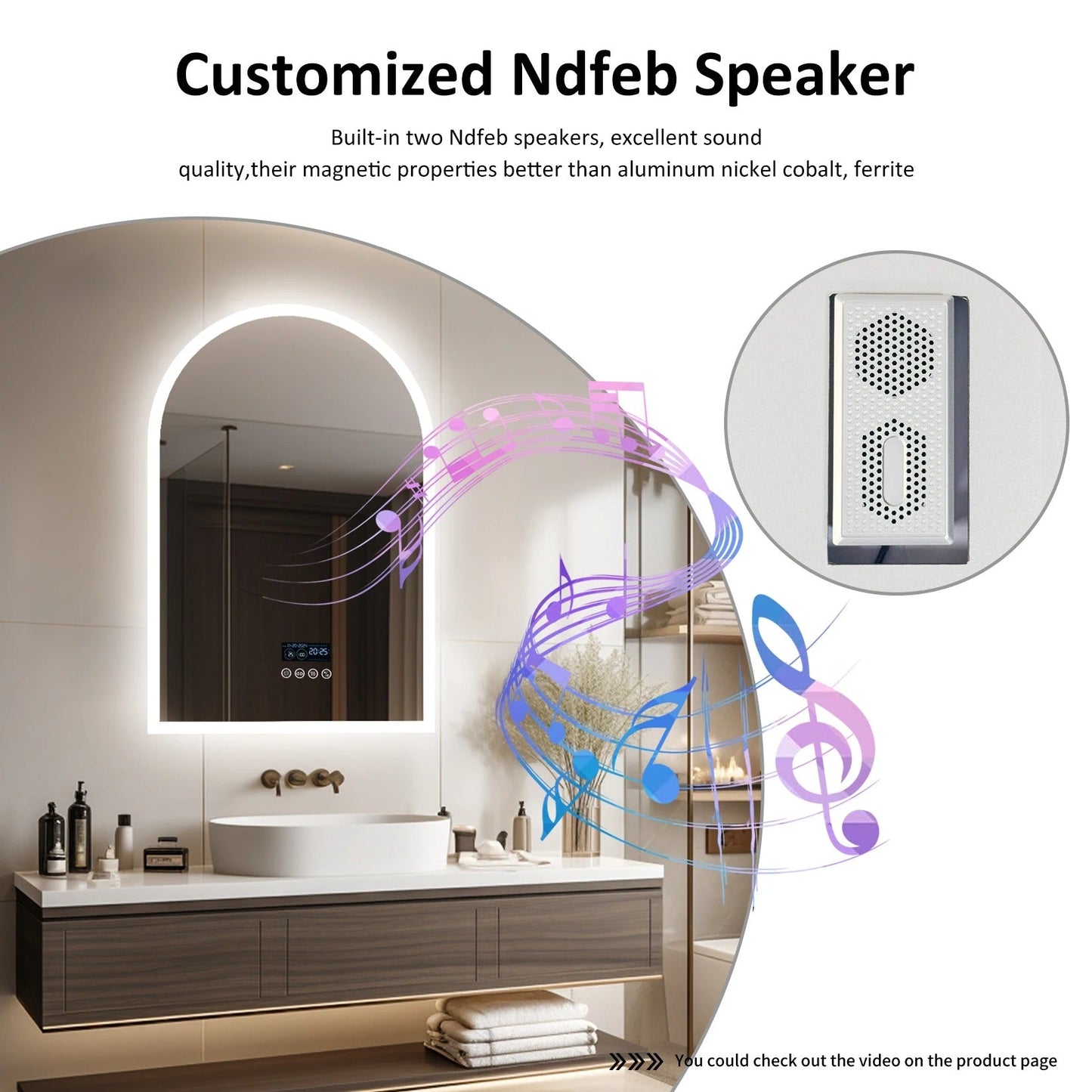 Arched LED Backlit Bluetooth Bathroom Mirror – Dimmable, Fogless Vanity Mirror with Time & Temperature Display