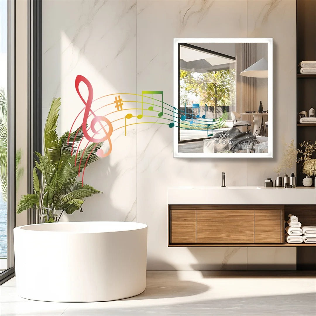 Aluminum Frame Smart LED Bathroom Mirror Cabinet with Bluetooth Speaker, Music Control, Anti-fog, Temperature & Time Display,Front Light