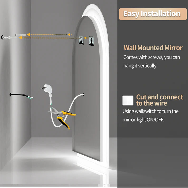 Arched Backlit Bathroom Mirror – Anti-Fog LED Mirror with Time, Date & Temperature Display and 3-Colour Lighting