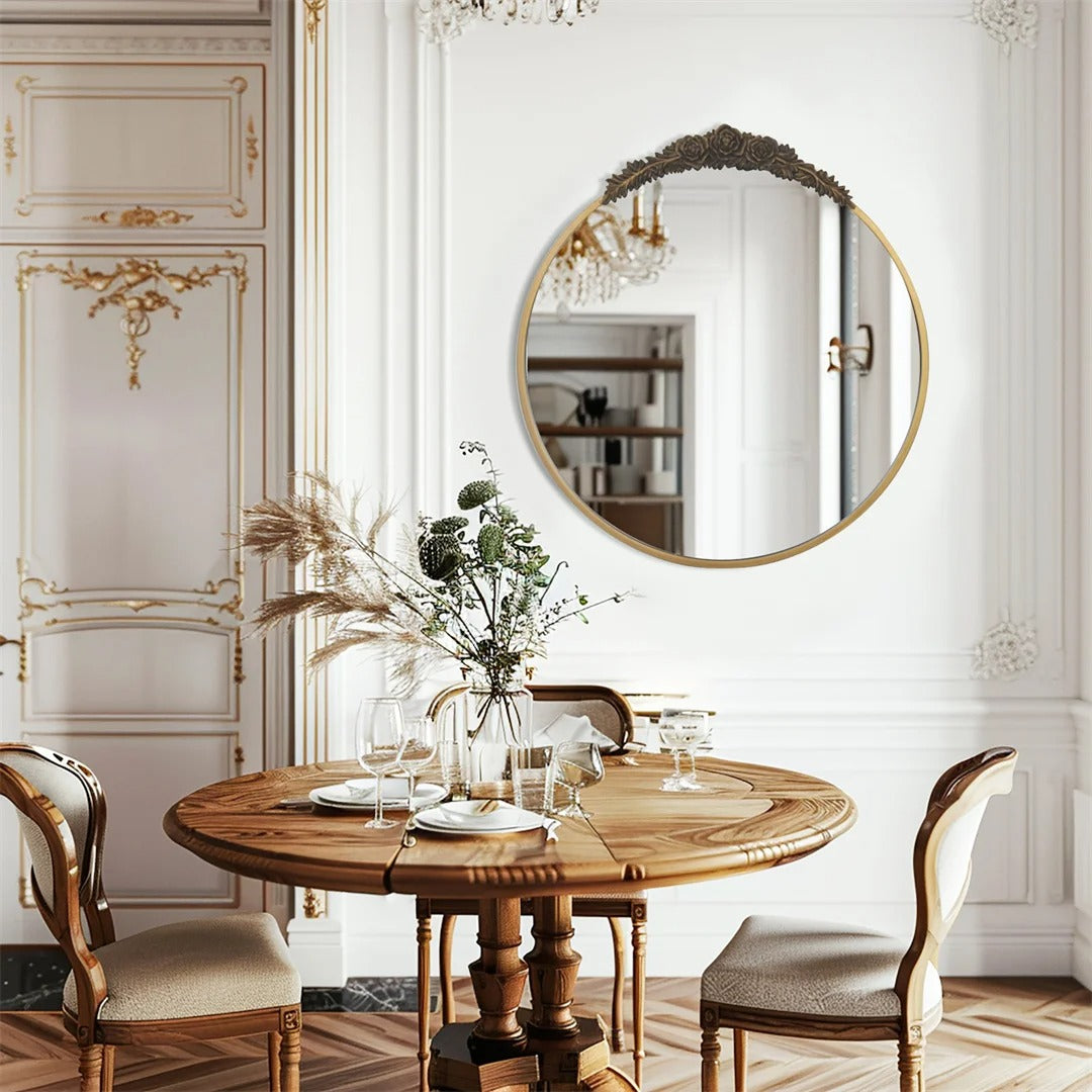 Baroque Round Bathroom Mirror – Brass Finish Metal Frame with Resin Rose Pattern for Living Room & Bathroom Décor