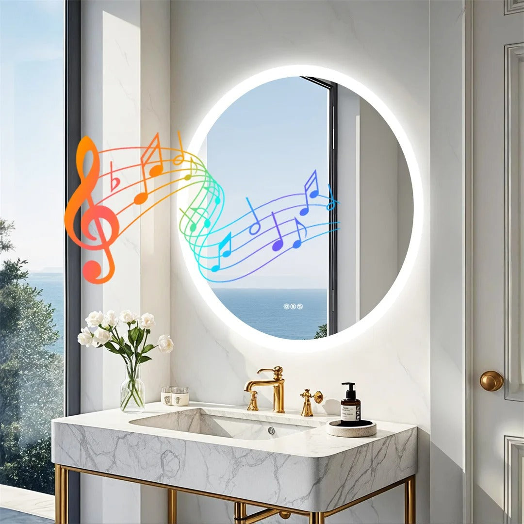 80cm Round LED Bathroom Mirror with Bluetooth Speakers – Wall-Mounted Lighted Vanity Mirror with Anti-Fog Function