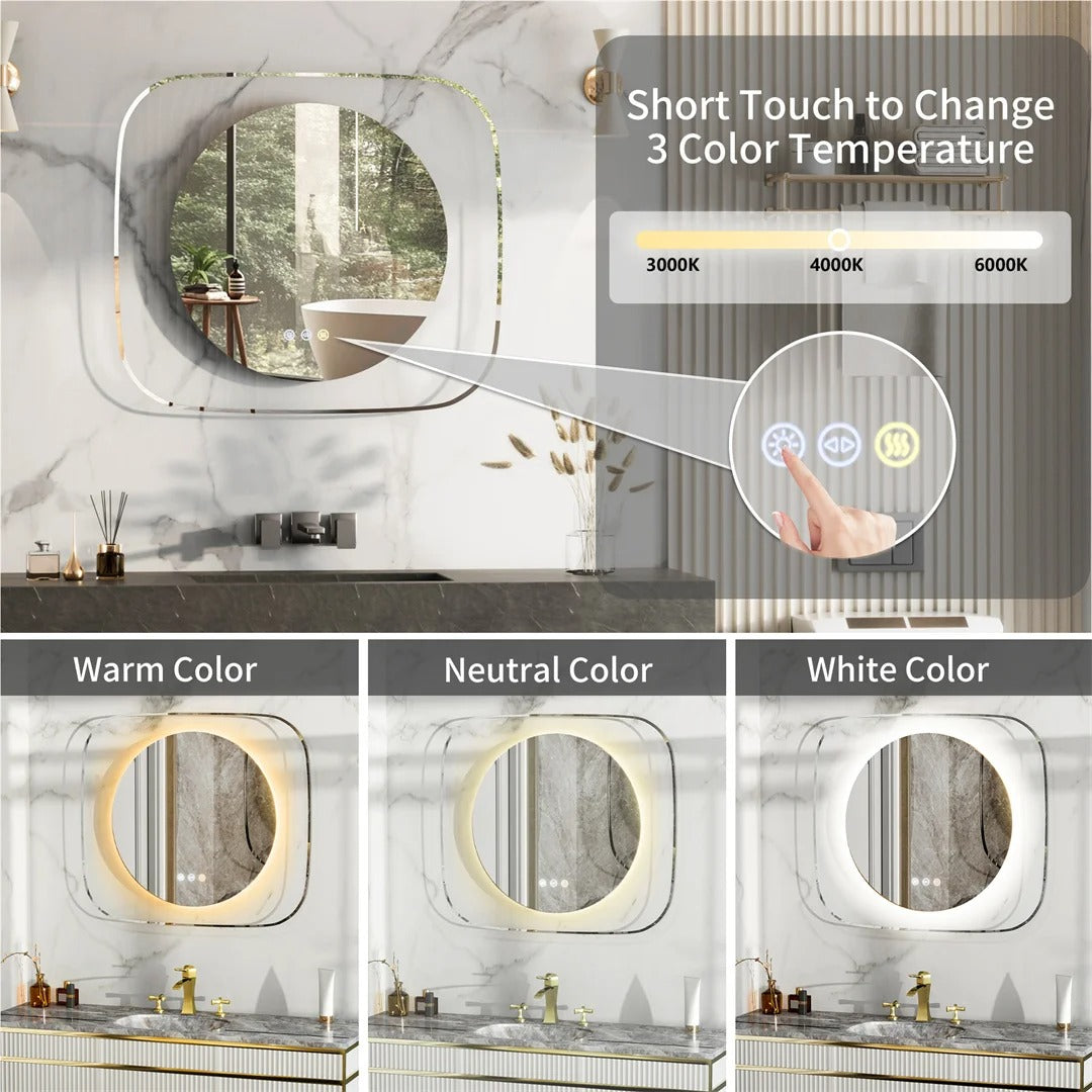 Modern LED Bathroom Mirror with 3-Color Dimmable Backlit and Anti-Fog Feature, 80*70cm