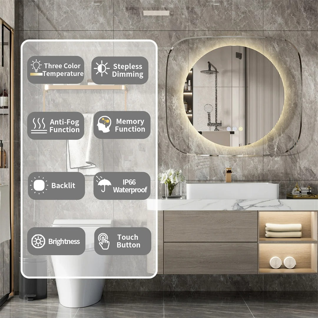 Modern LED Bathroom Mirror with 3-Color Dimmable Backlit and Anti-Fog Feature, 80*70cm