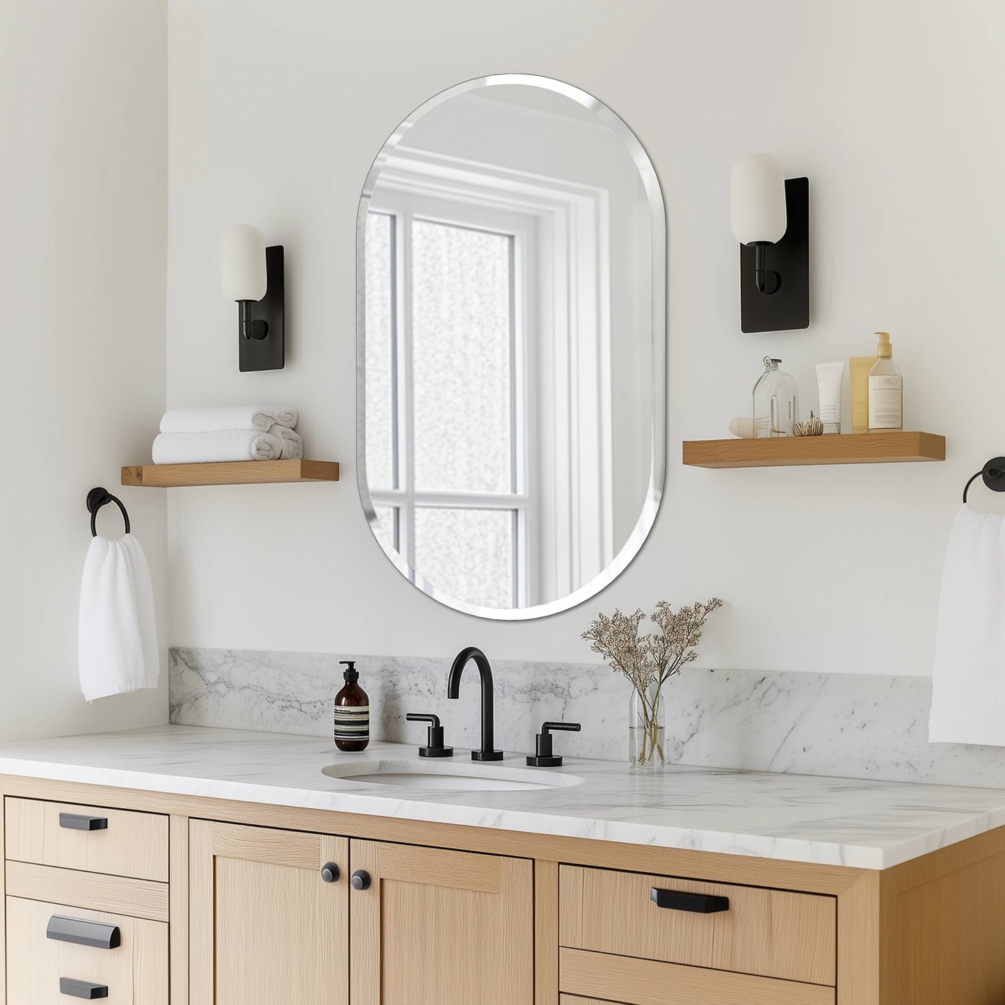 Long Oval Bathroom Mirror, Classic Vanity Mirror with Beveled Edge.