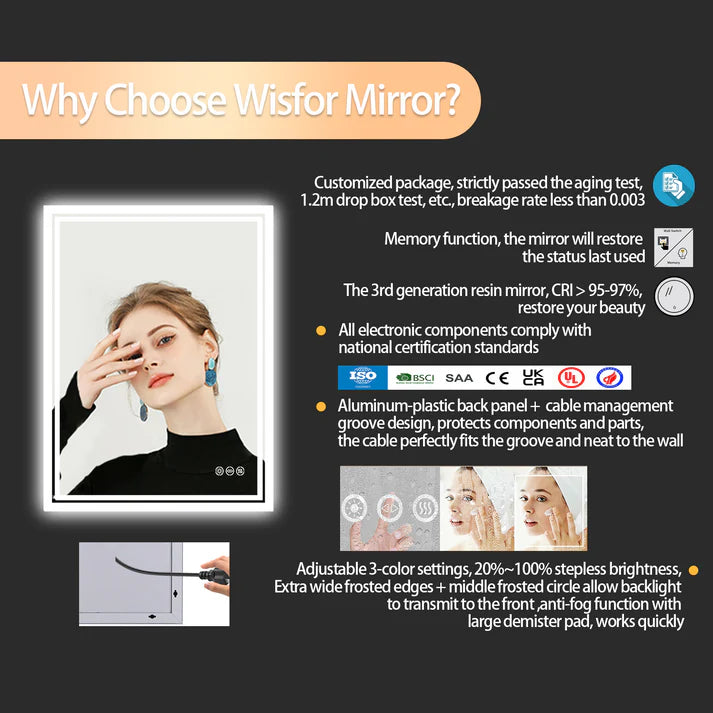 Rectangle Backlit Large LED Bathroom Vanity Mirror, Dimmable, Touch Control, Waterproof