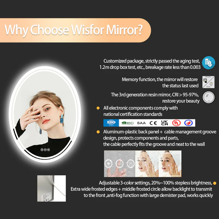 Oval Backlit Light LED Makeup Bathroom Mirror, Wall Mounted Vanity Mirror, Frameless ,Anti-Fog