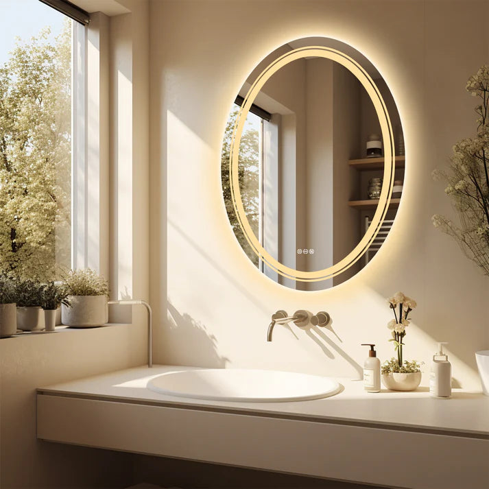 OVAL Double Light LED Illuminated Smart Bathroom Illumination Mirror, Wall Mounted, Anti-Fog