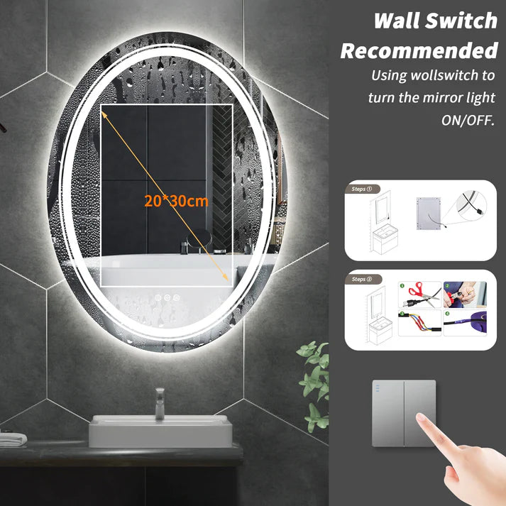 OVAL Double Light LED Illuminated Smart Bathroom Illumination Mirror, Wall Mounted, Anti-Fog