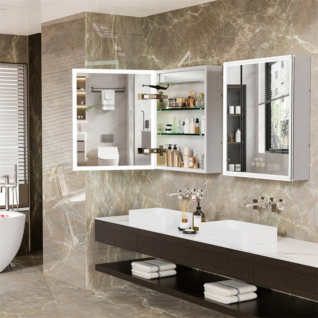 Aluminum Frame Smart LED Bathroom Mirror Cabinet with Bluetooth Speaker, Music Control, Anti-fog, Temperature & Time Display,Front Light
