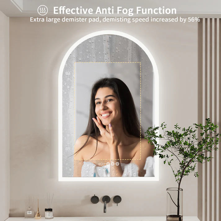 Arched Backlit Bathroom Mirror – Anti-Fog LED Mirror with Time, Date & Temperature Display and 3-Colour Lighting