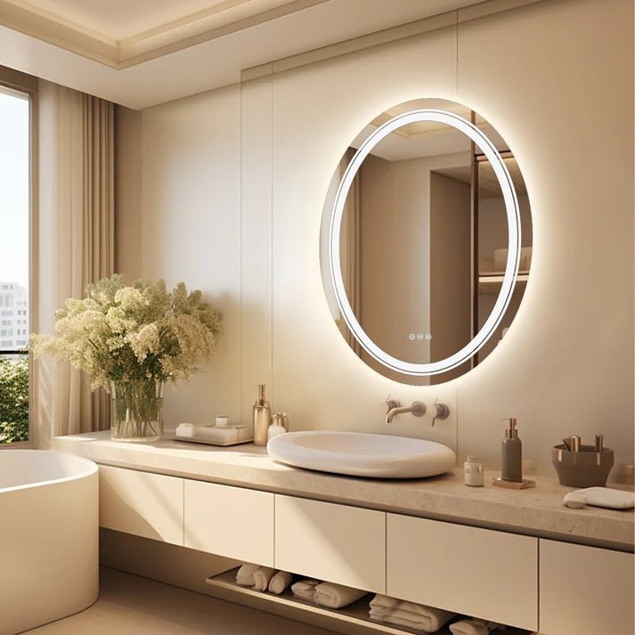 OVAL Double Light LED Illuminated Smart Bathroom Illumination Mirror, Wall Mounted, Anti-Fog