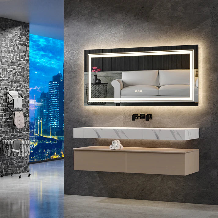 Multiple Size Extra Large Rectangle Double Lights LED Bathroom Mirror Illuminated Dimmable Vanity Mirror with Anti-Fog, 3 Color