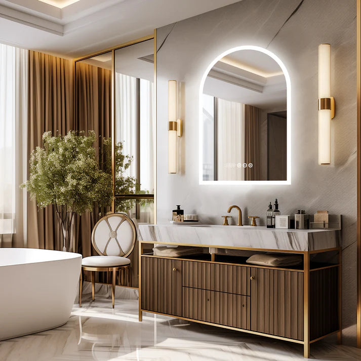 Arched Backlit Bathroom Mirror – Anti-Fog LED Mirror with Time, Date & Temperature Display and 3-Colour Lighting