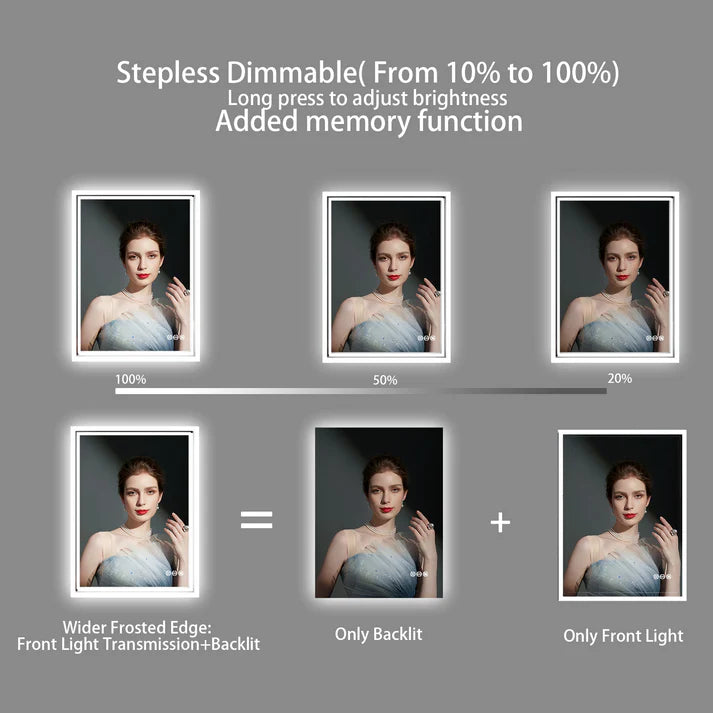 Rectangle Backlit Large LED Bathroom Vanity Mirror, Dimmable, Touch Control, Waterproof