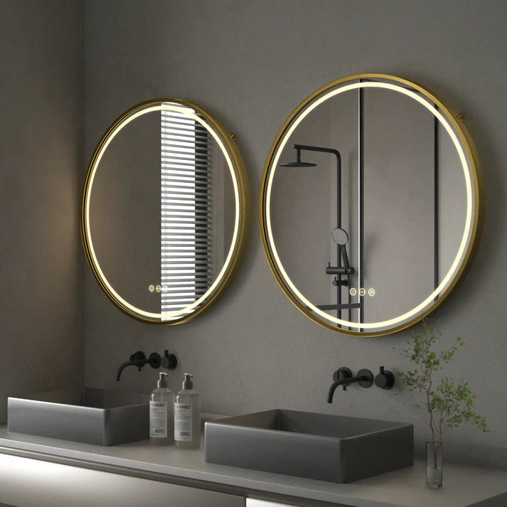 Detachable Rope Golden Frame Round Front Light LED Smart Bathroom Illumination Mirror, Wall Mounted, Anti-Fog
