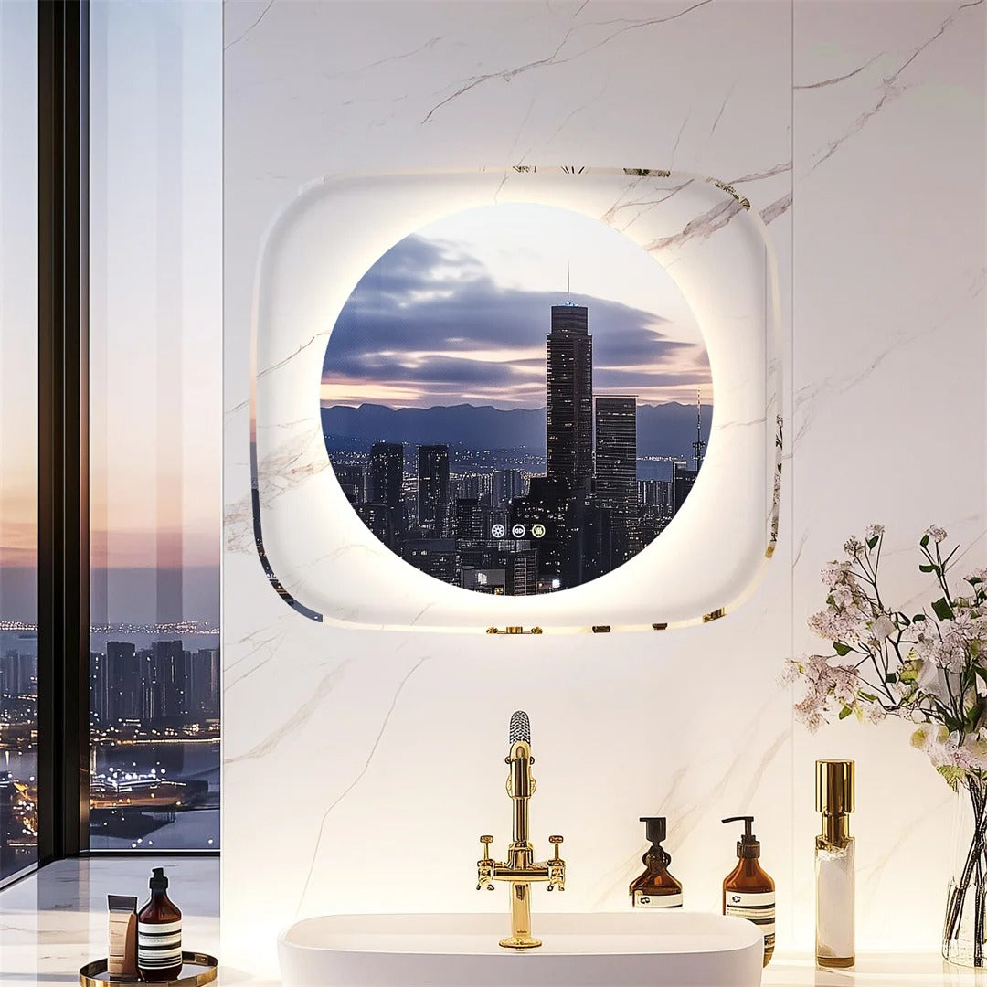 Modern LED Bathroom Mirror with 3-Color Dimmable Backlit and Anti-Fog Feature, 80*70cm