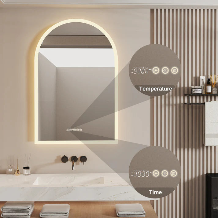Arched Backlit Bathroom Mirror – Anti-Fog LED Mirror with Time, Date & Temperature Display and 3-Colour Lighting