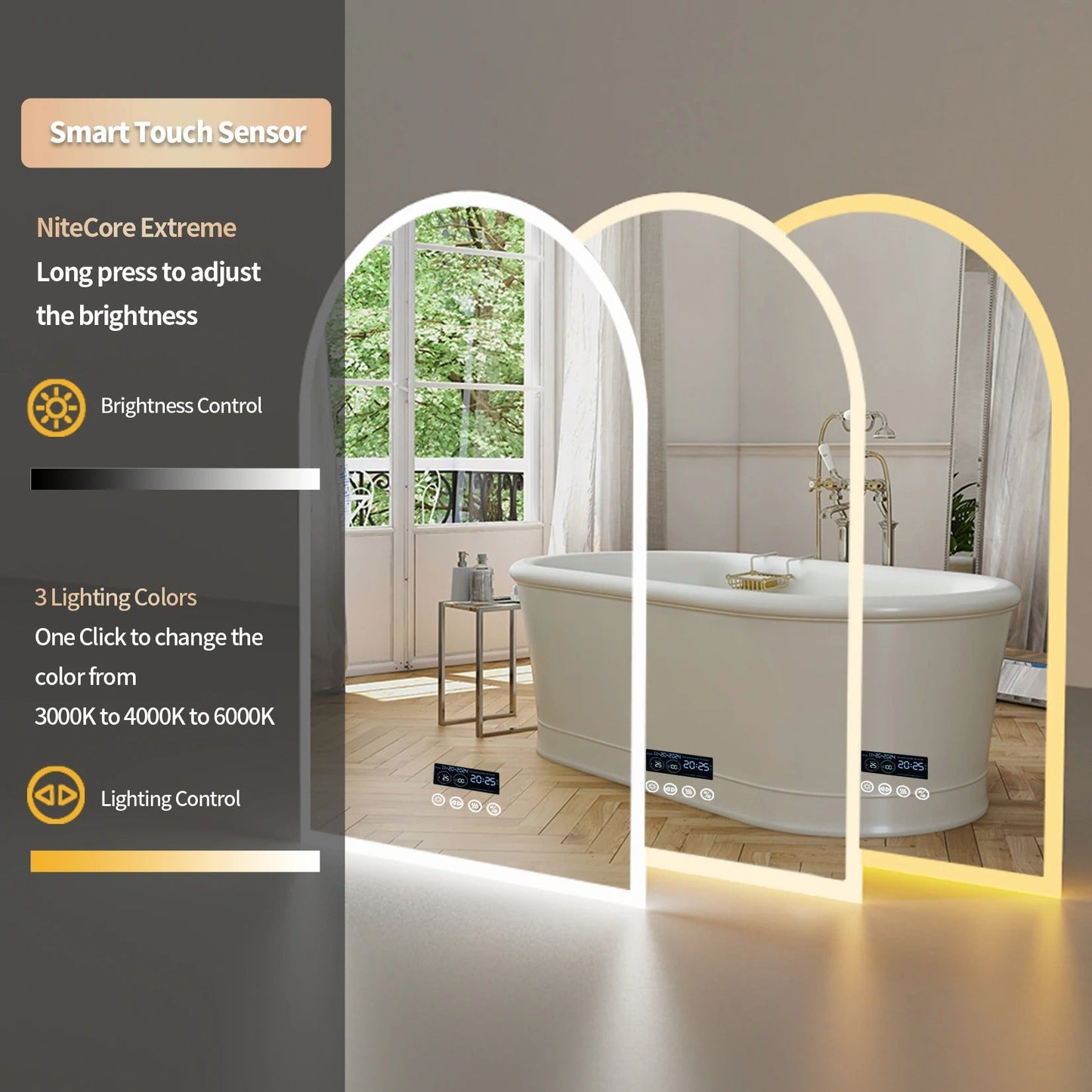 Arched LED Backlit Bluetooth Bathroom Mirror – Dimmable, Fogless Vanity Mirror with Time & Temperature Display