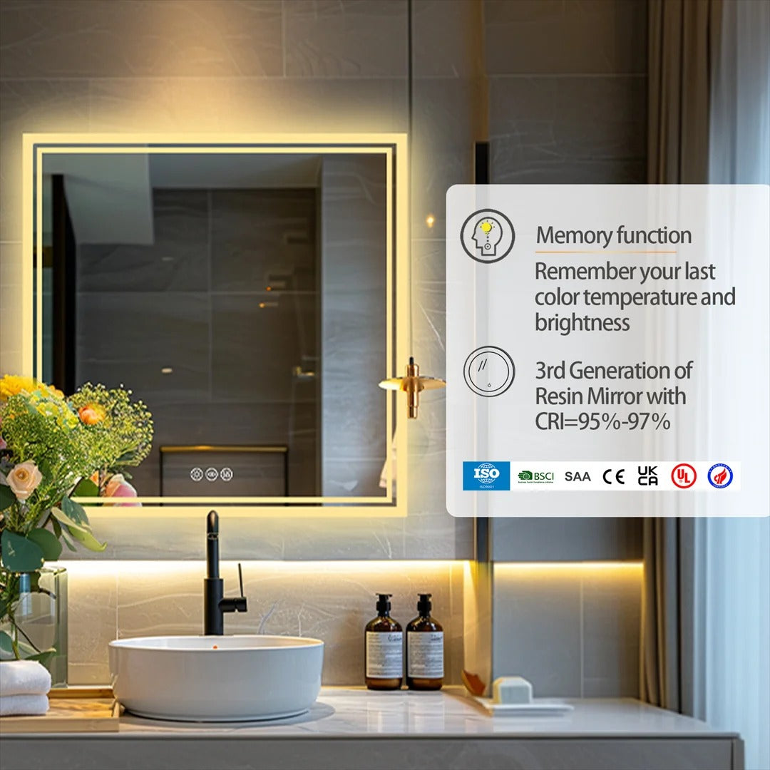 Square Backlit Light LED Makeup Bathroom Mirror or Wall Mounted, Vanity Mirror  Frameless ,Anti-Fog