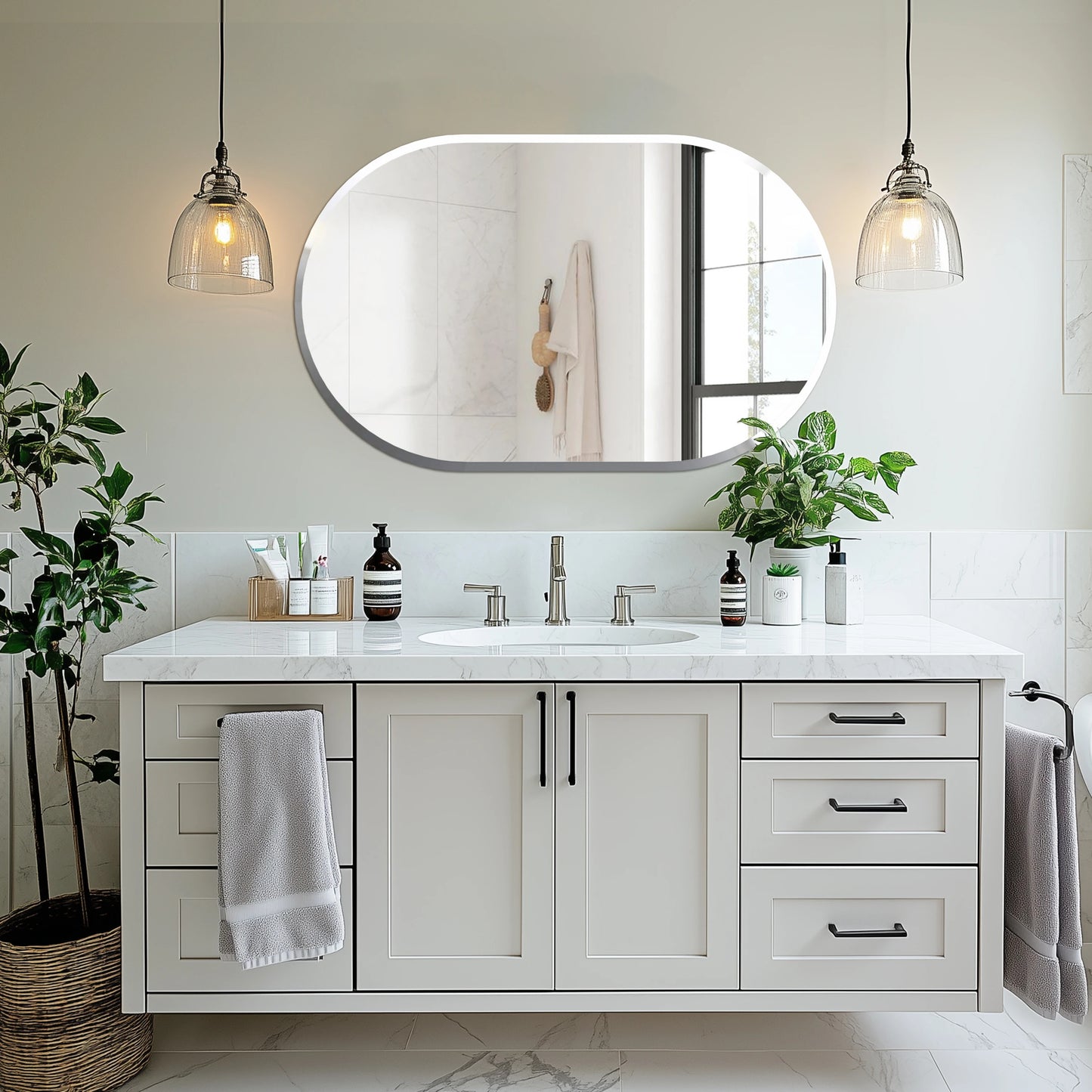 Long Oval Bathroom Mirror, Classic Vanity Mirror with Beveled Edge.
