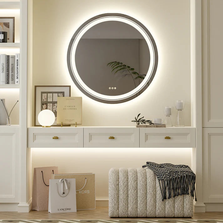 Round Double Lights LED Bathroom Smart Make up Mirror Dimmable, Anti-Fog Circle Wall Mounted Mirror