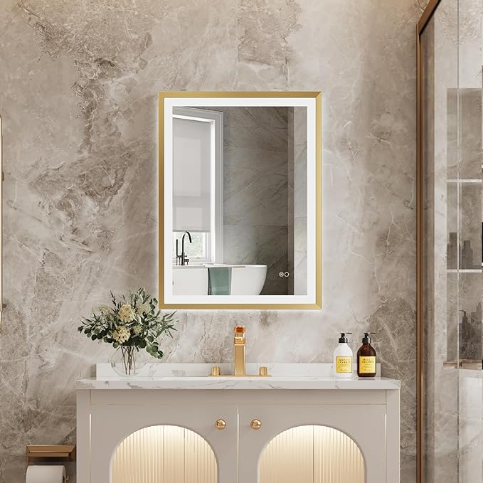 Rectangle Golden Aluminum Alloy Frame Front Light LED Smart Bathroom Illumination Mirror, Wall Mounted, Anti-Fog