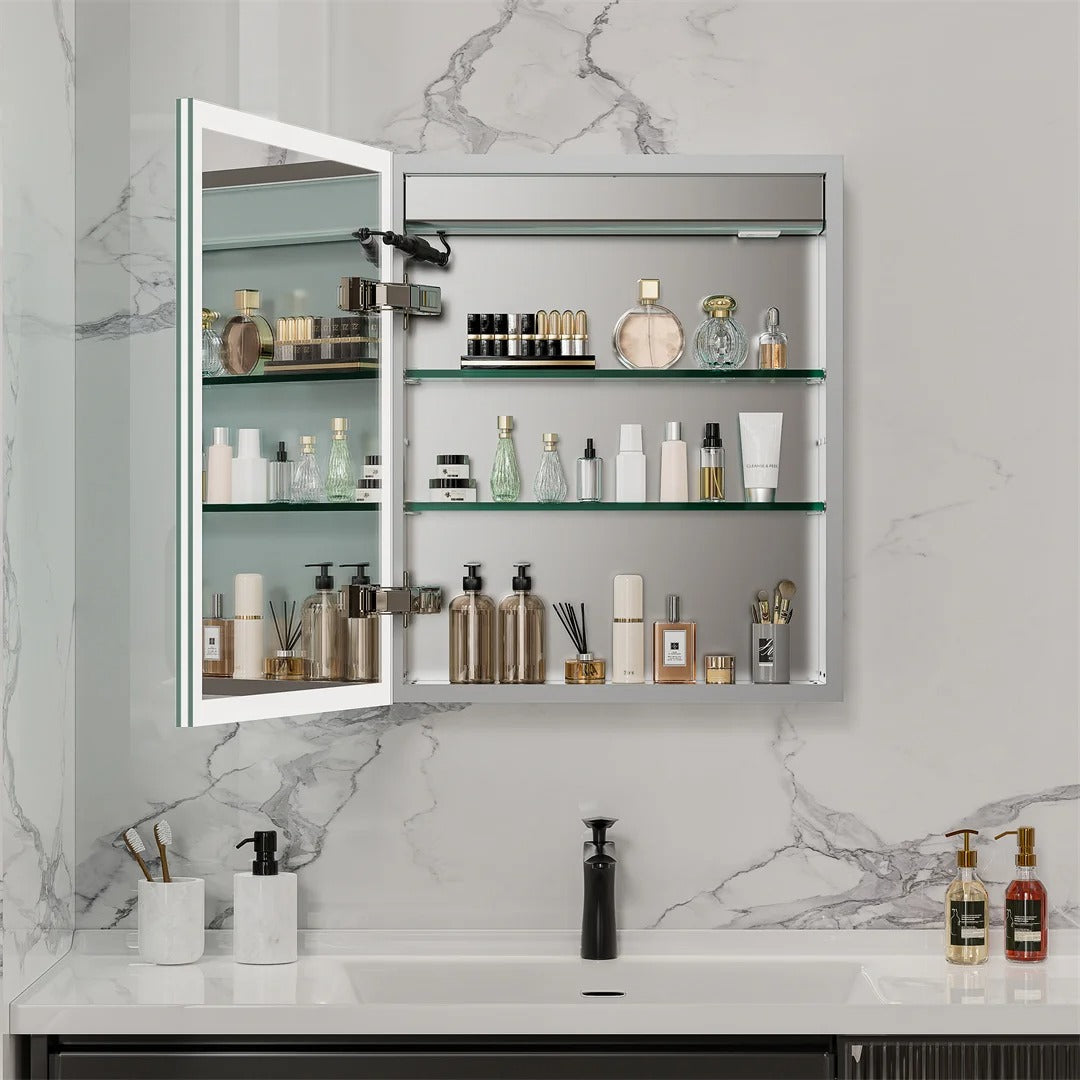 Aluminum Frame Smart LED Bathroom Mirror Cabinet with Bluetooth Speaker, Music Control, Anti-fog, Temperature & Time Display,Front Light