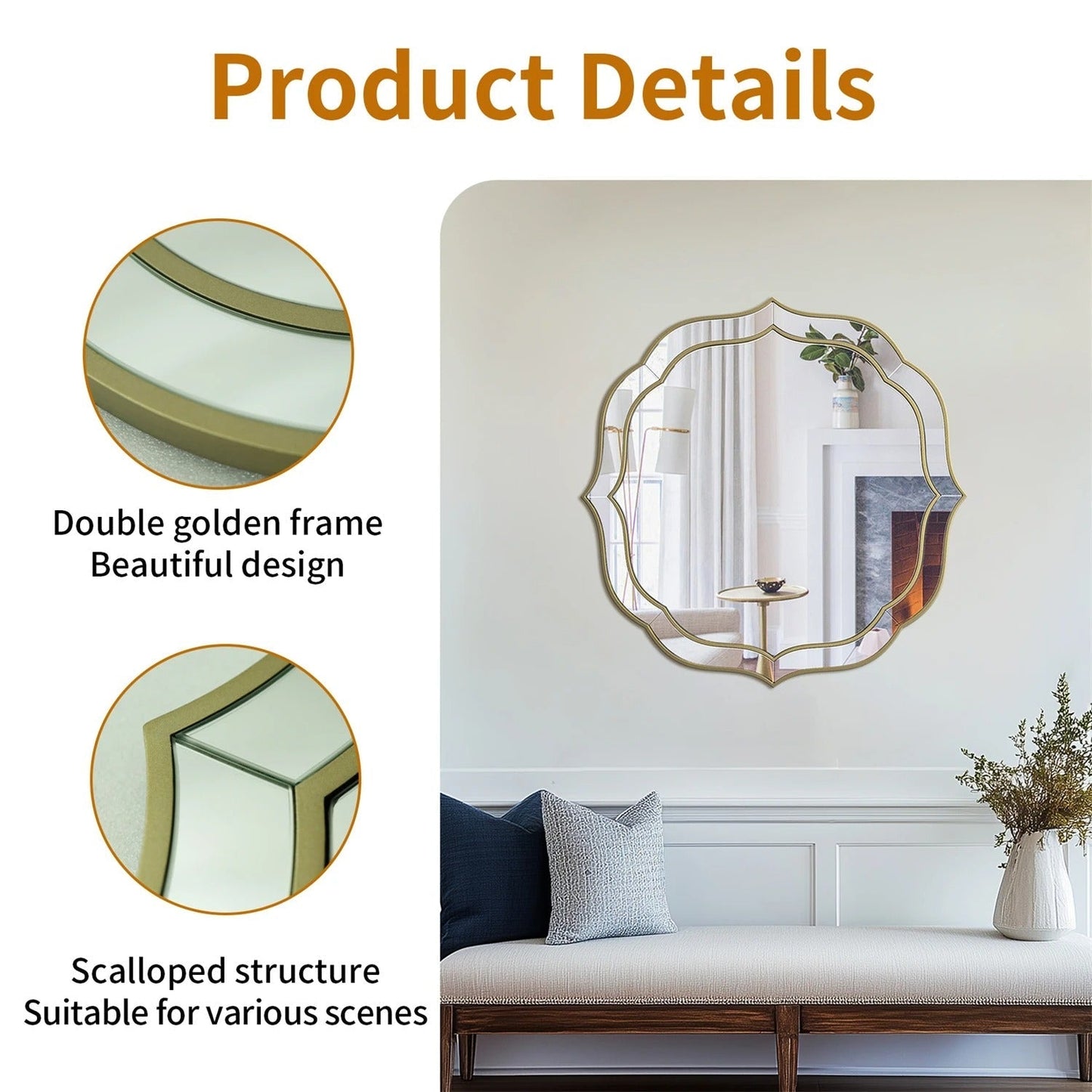Modern Decorative Bathroom Mirror – Venetian-Style Silver Glass Mirror with Golden Rim & Beveled Frame for Bedroom & Hallway