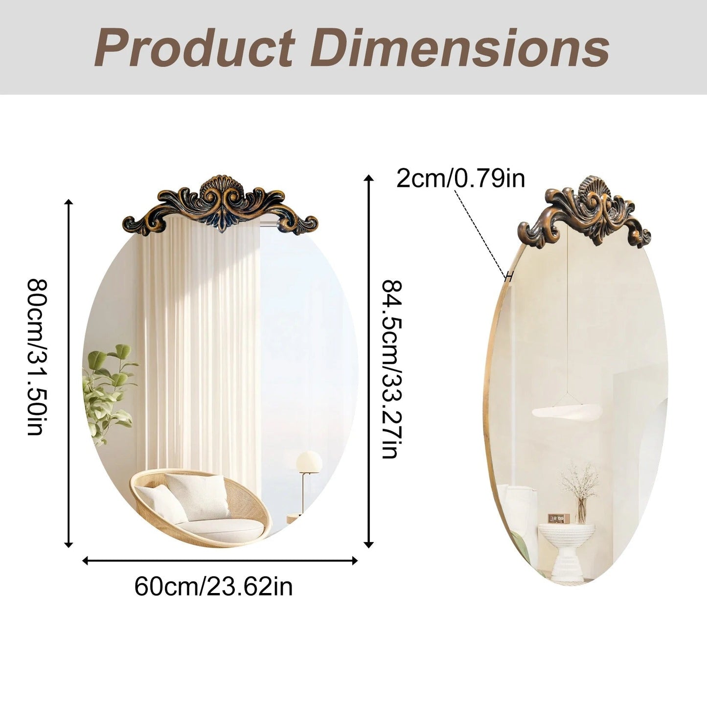 Oval Vintage Baroque Bathroom Mirror – 3D Embossed Antique Frame Glass Mirror for Entryway, Fireplace & Living Room