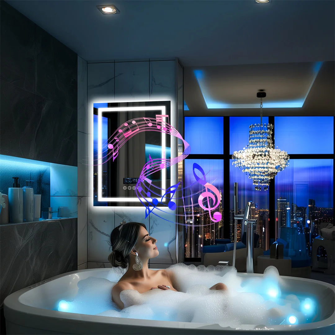 Smart Rectangle Bluetooth Bathroom Mirror with Time & Temperature Display, Double light,Dimmable LED, Anti-Fog, and Built-in Speaker
