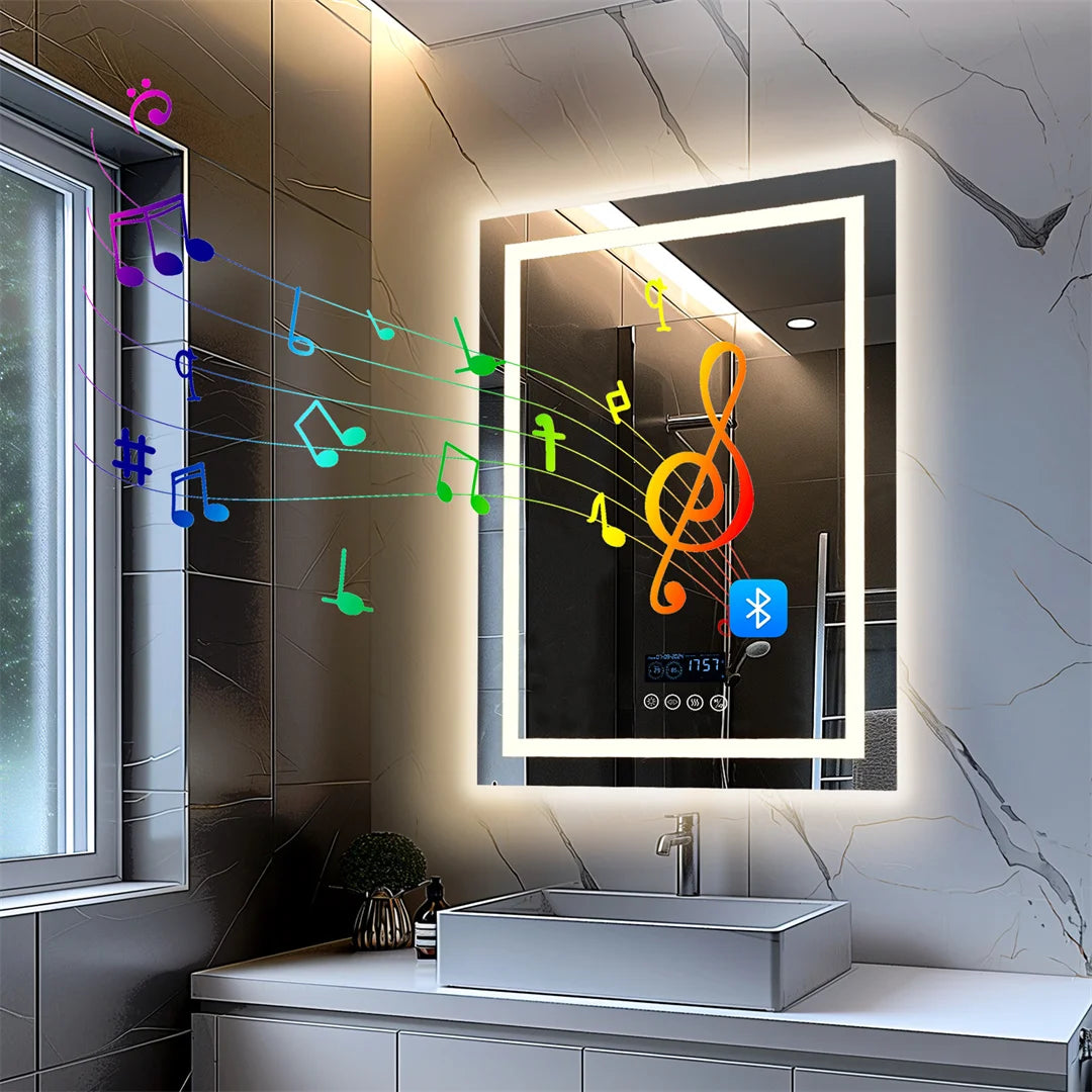 Smart Rectangle Bluetooth Bathroom Mirror with Time & Temperature Display, Double light,Dimmable LED, Anti-Fog, and Built-in Speaker