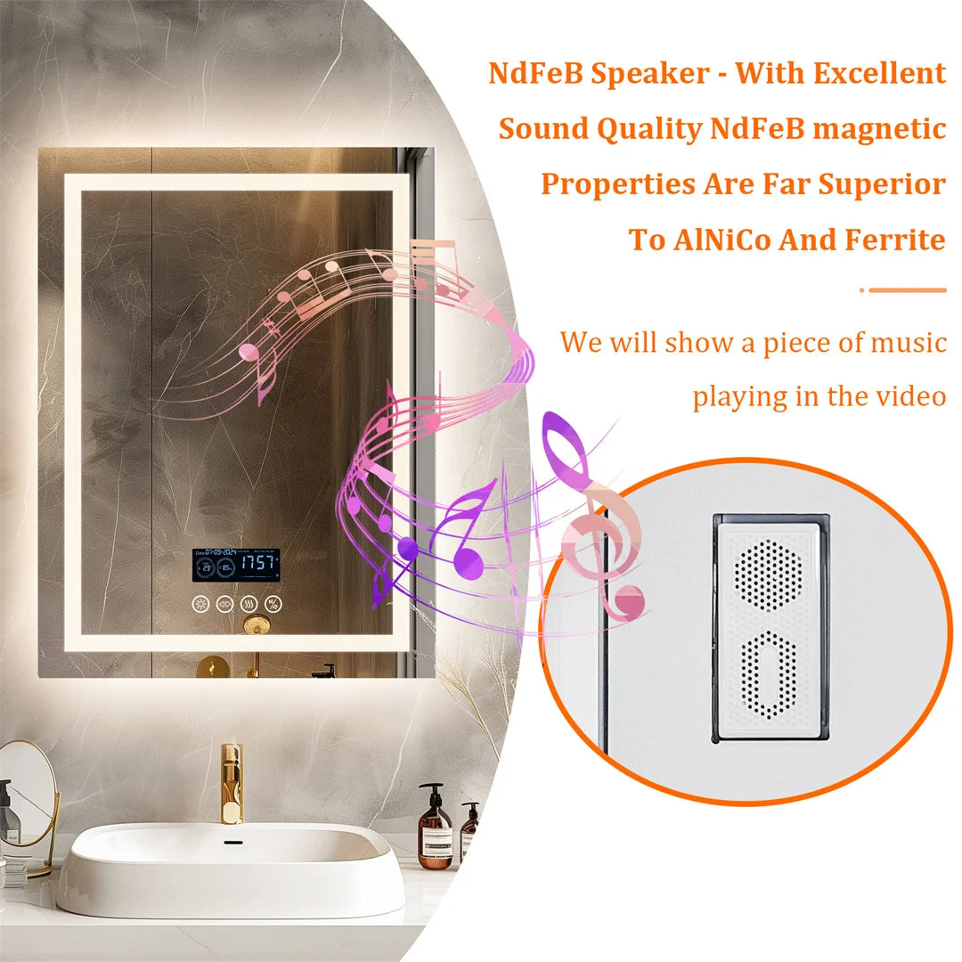 Smart Rectangle Bluetooth Bathroom Mirror with Time & Temperature Display, Double light,Dimmable LED, Anti-Fog, and Built-in Speaker