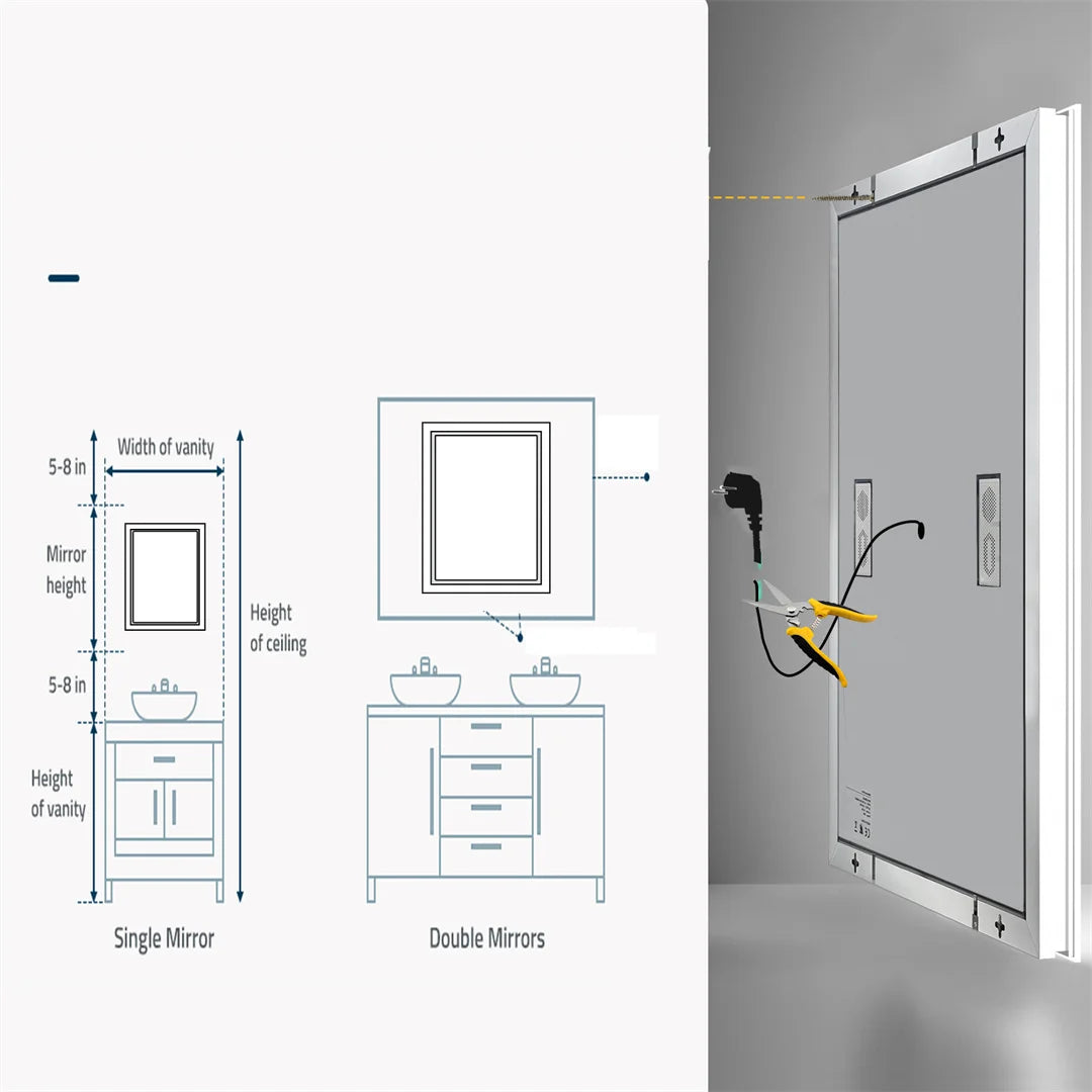 Smart Rectangle Bluetooth Bathroom Mirror with Time & Temperature Display, Double light,Dimmable LED, Anti-Fog, and Built-in Speaker