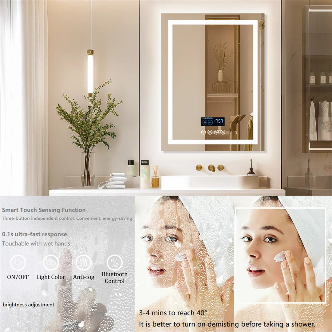Smart Rectangle Bluetooth Bathroom Mirror with Time & Temperature Display, Double light,Dimmable LED, Anti-Fog, and Built-in Speaker