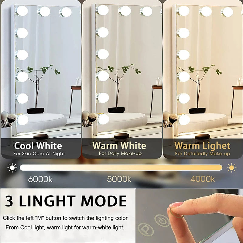 Vanity Mirror with 9 Dimmable Lights, 3 Color Modes, 15x Magnification